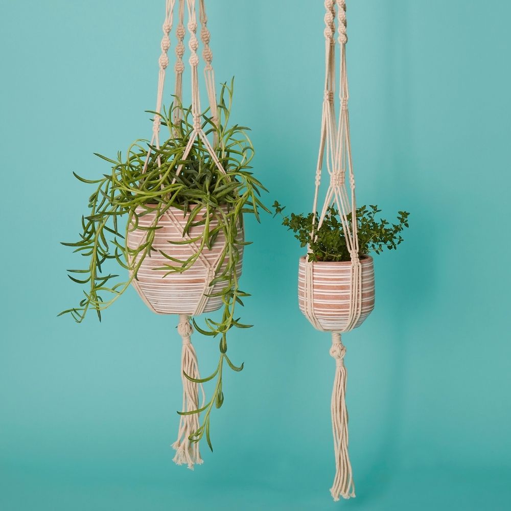 terracotta hanging planter diy Striped Macrame Terracotta Hanging Pot Set – Artisan Variety