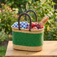 Color Block African Market Basket with Leather Handles, 12 Inch Wide