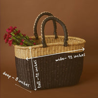Color Block African Market Basket with Leather Handles, 12 Inch Wide