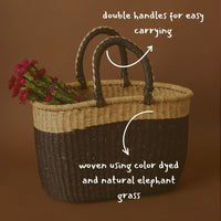 Color Block African Market Basket with Leather Handles, 12 Inch Wide