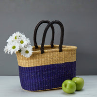 Color Block African Market Basket with Leather Handles, 12 Inch Wide