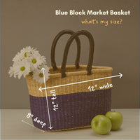 Color Block African Market Basket with Leather Handles, 12 Inch Wide
