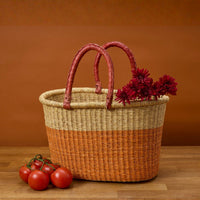 Color Block African Market Basket with Leather Handles, 12 Inch Wide