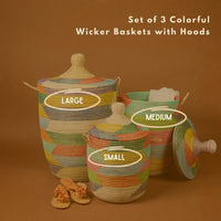 Colorful Wicker Storage Baskets with Hooded Lids
