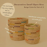 Small Decorative Woven Bins, Beige Colorful, Set of 2