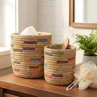 Small Decorative Woven Bins, Beige Colorful, Set of 2