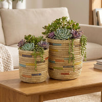 Small Decorative Woven Bins, Beige Colorful, Set of 2
