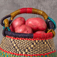 Small Woven Bolga Market Basket, Pot Shape, Boho Patterns, Harvesting, Gardening, Foraging, Fruit Picking, Handmade, African, Ghana, 9" Wide, 9" Tall, Dark Green