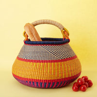 Boho Pot Shape Picnic Basket, Home & Kitchen Decor, Wicker Basket, Living Room Basket, Harvesting, Foraging, Gathering, Fruit Storage, Woven, 16" Wide