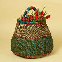 Boho Pot Shape Picnic Basket, Home & Kitchen Decor, Wicker Basket, Living Room Basket, Harvesting, Foraging, Gathering, Fruit Storage, Woven, 16" Wide