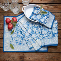 Blue Floral Block Print Napkin Set