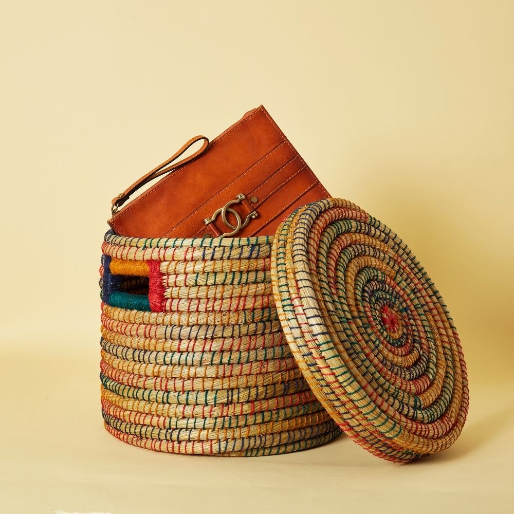 Bangladesh Large Colorful Handwoven Kaisa hot Jute Basket with Lid