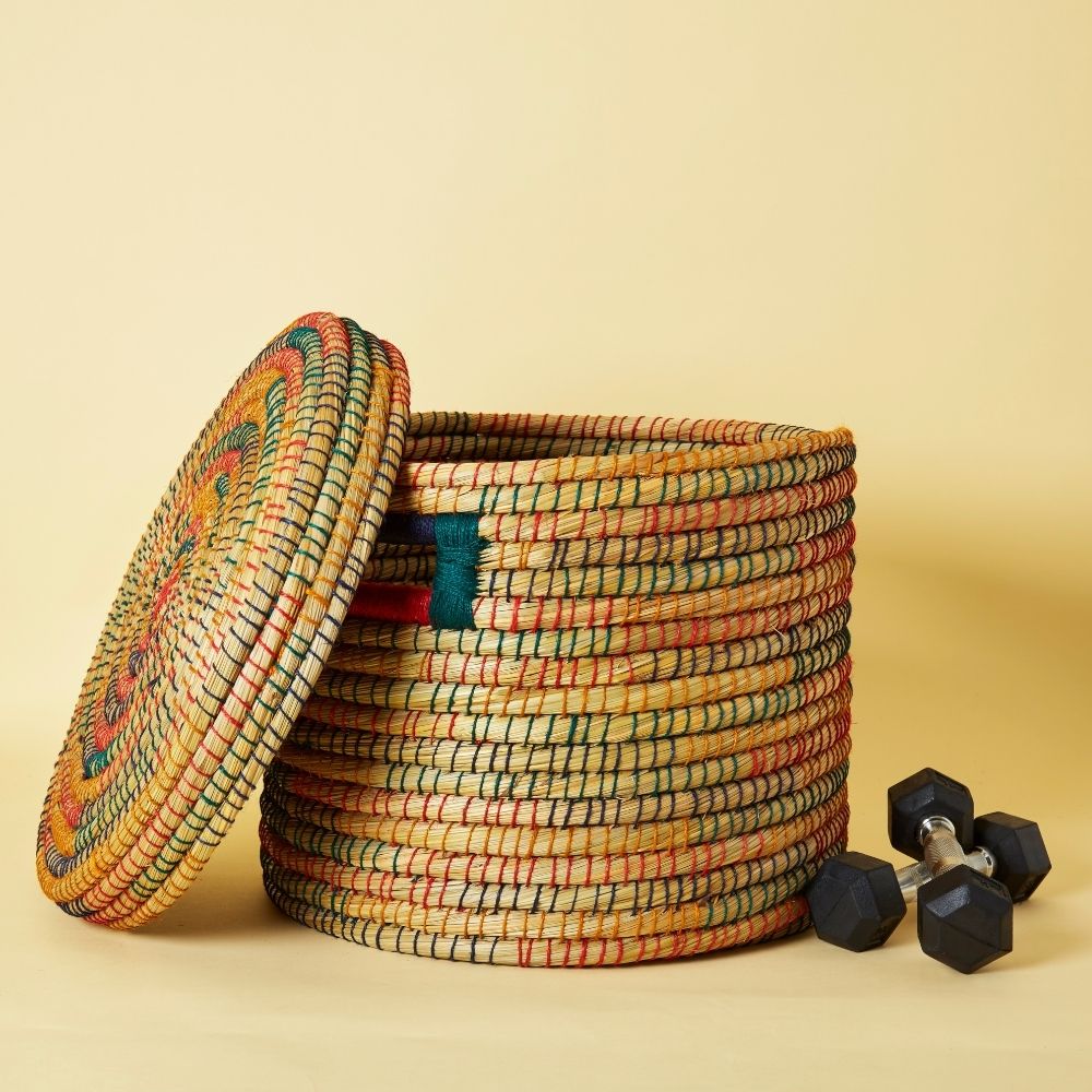 Bangladesh Large Colorful Handwoven Kaisa Jute Basket good with Lid