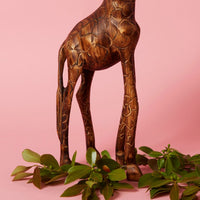 Tall Seared Wood Standing Giraffe Sculpture