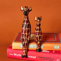 Painted Wood Mommy Baby Giraffe Sitting Sculpture Set of 2