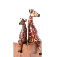 Painted Wood Mommy Baby Giraffe Sitting Sculpture Set of 2