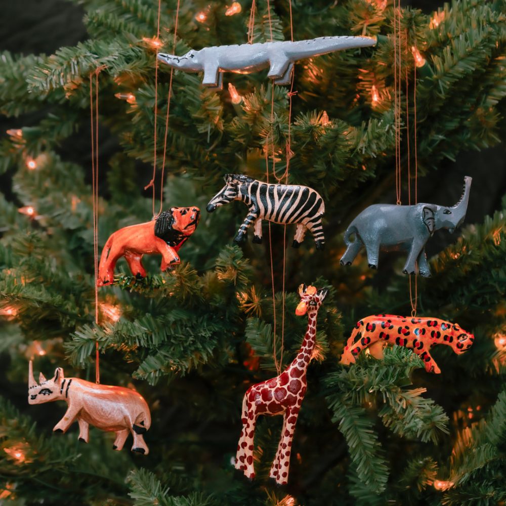 Painted Wood Safari Animals Ornament Set of 7