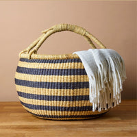 Round Bolga Basket with Handles, Stripes, 16 Inch Wide