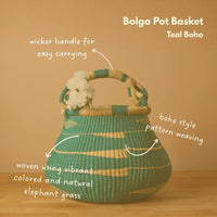Bolga Pot Basket, Boho Style, 16 Inch Wide