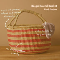 Round Bolga Basket with Handles, Stripes, 16 Inch Wide