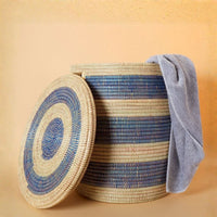 Decorative African Basket with Lid and Handles, 15" Wide, 19" Tall