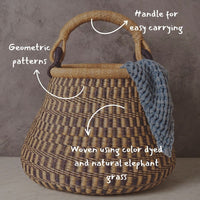 Boho Pot Shape Picnic Basket, Home & Kitchen Decor, Wicker Basket, Living Room Basket, Harvesting, Foraging, Gathering, Fruit Storage, Woven, 16" Wide