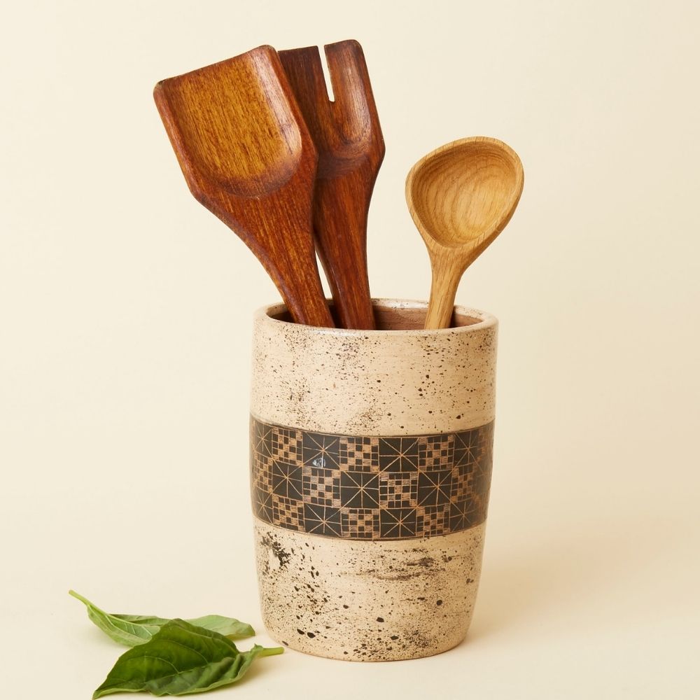 Cream Black Checker Terracotta Utensil Holder – Artisan Variety