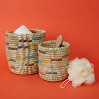 Decorative Wicker Bins, Mini Shelf Baskets, African Woven, Beige Colorful, Set of 2