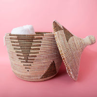Decorative African Basket with Lid and Handles, 15" Wide, 19" Tall