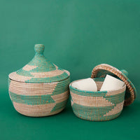 Decorative Wicker Storage for Living Room, Small Shelf Baskets, African Woven, Hood Lid, Turquoise White, Set of 2