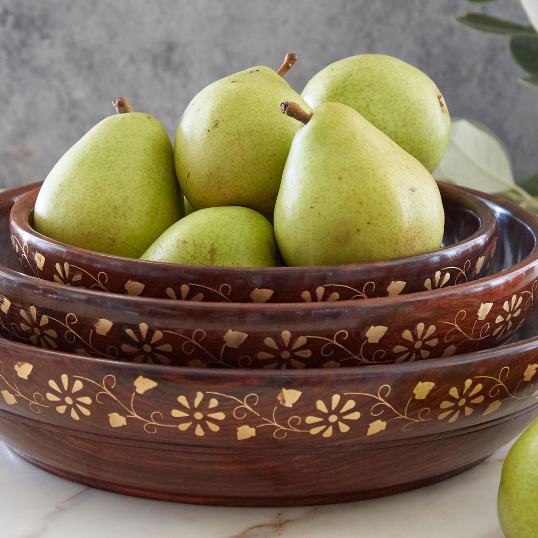 12 inch Brass Inlay Wood Serving Bowl Set