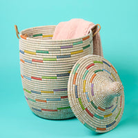 Storage Basket with Hooded Lid, Colorful Pattern on White