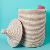White Handwoven Wicker Baskets with Hooded Lids
