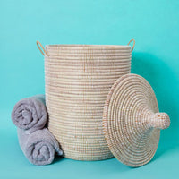 White Handwoven Wicker Baskets with Hooded Lids