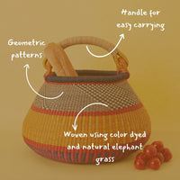 Boho Pot Shape Picnic Basket, Home & Kitchen Decor, Wicker Basket, Living Room Basket, Harvesting, Foraging, Gathering, Fruit Storage, Woven, 16" Wide