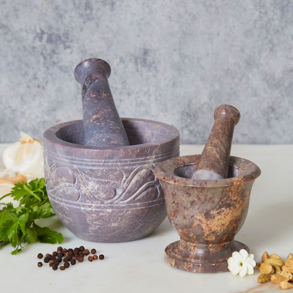 Etched Stone Herbs Mortar Pestle