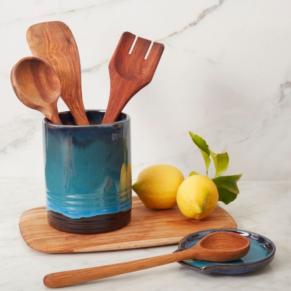 Wooden Cooking Utensils with Holder & Spoon Rest