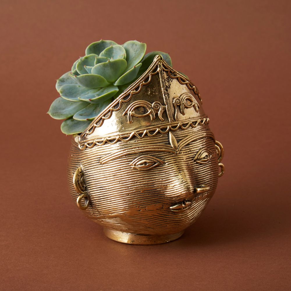 brass succulent planter Brass Dhokra Tribal Woman Face Succulent Planter – Artisan Variety