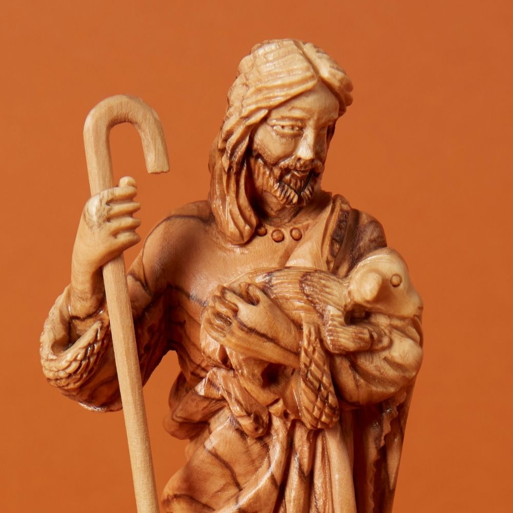 Palestine Medium Hand Carved Olive Wood Good Sheperd Statue