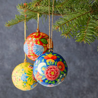 Spring Floral Paper Mache Ball Ornament Set of 3