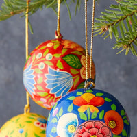 Spring Floral Paper Mache Ball Ornament Set of 3