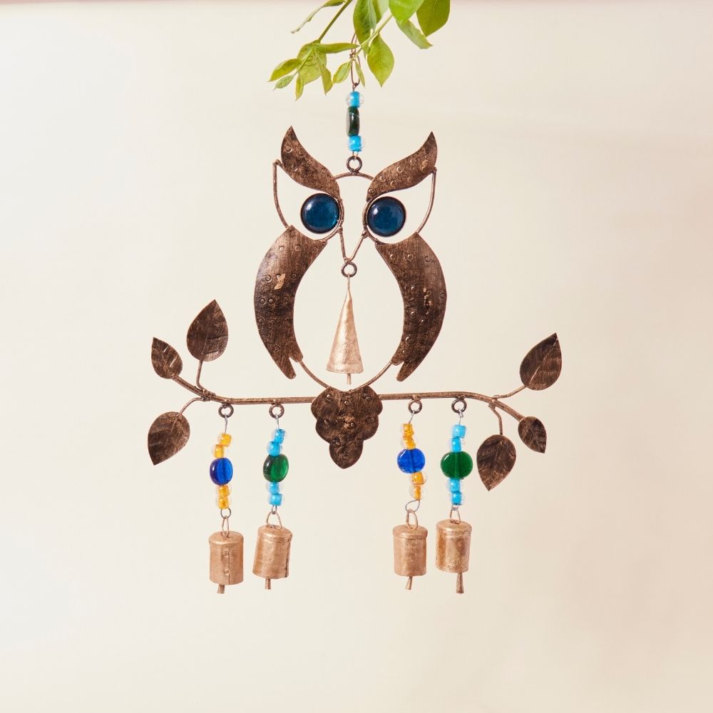 India Recycled Metal Owl selling Beaded Wind Chime