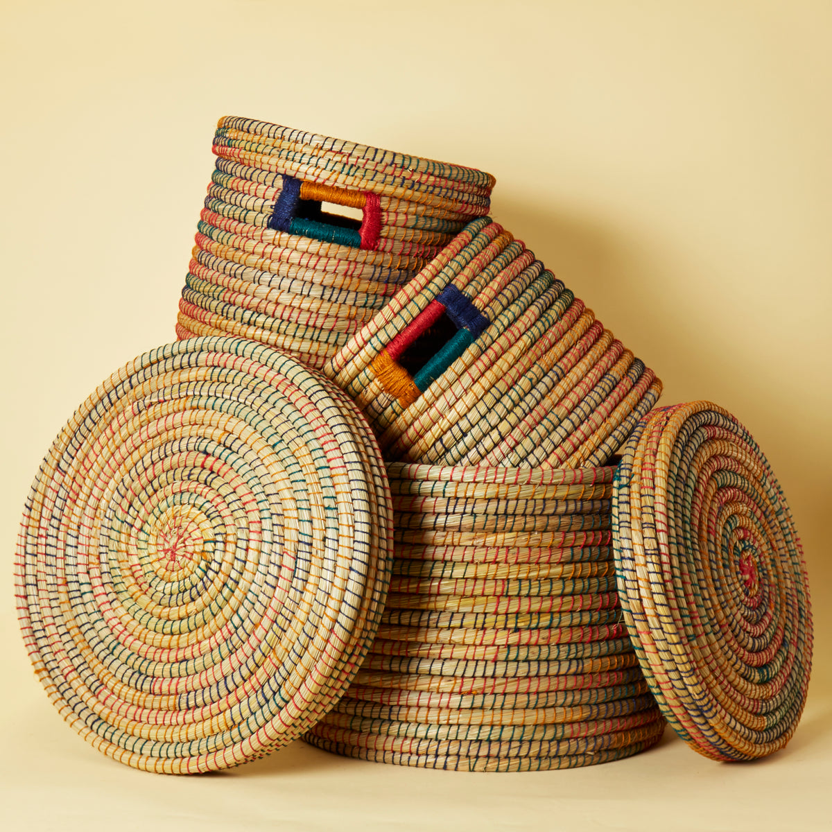 Large Colorful Storage Baskets with Lids, Rainbow Color Jute Wicker