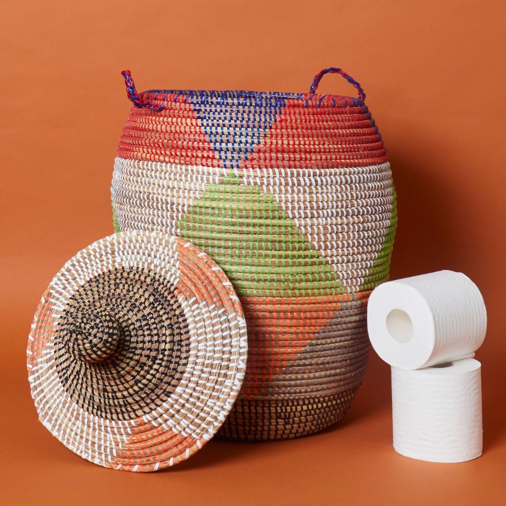 Small Wicker Basket, Colorful Triangles, 12" Wide, 14" Tall