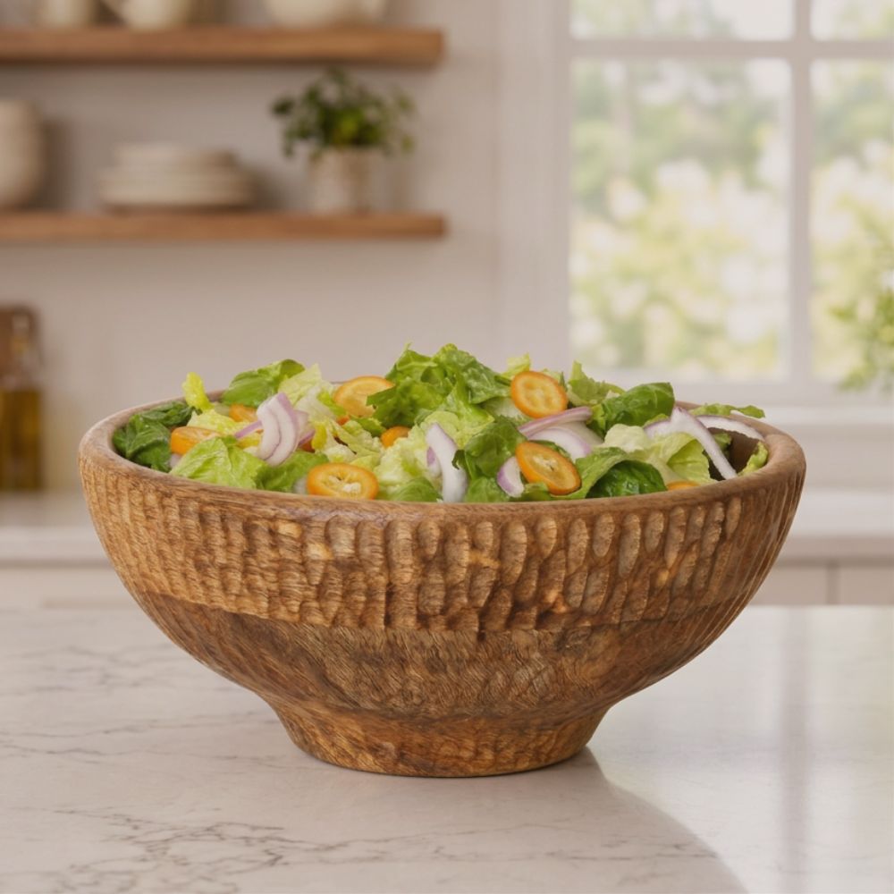 Wooden Salad Bowl with Honeycomb Texture Pattern
