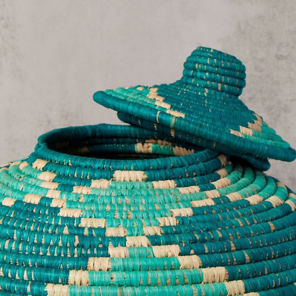 Small Turquoise Diamond Woven Pot Basket with Lid