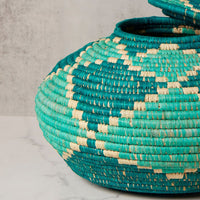Small Turquoise Diamond Woven Pot Basket with Lid