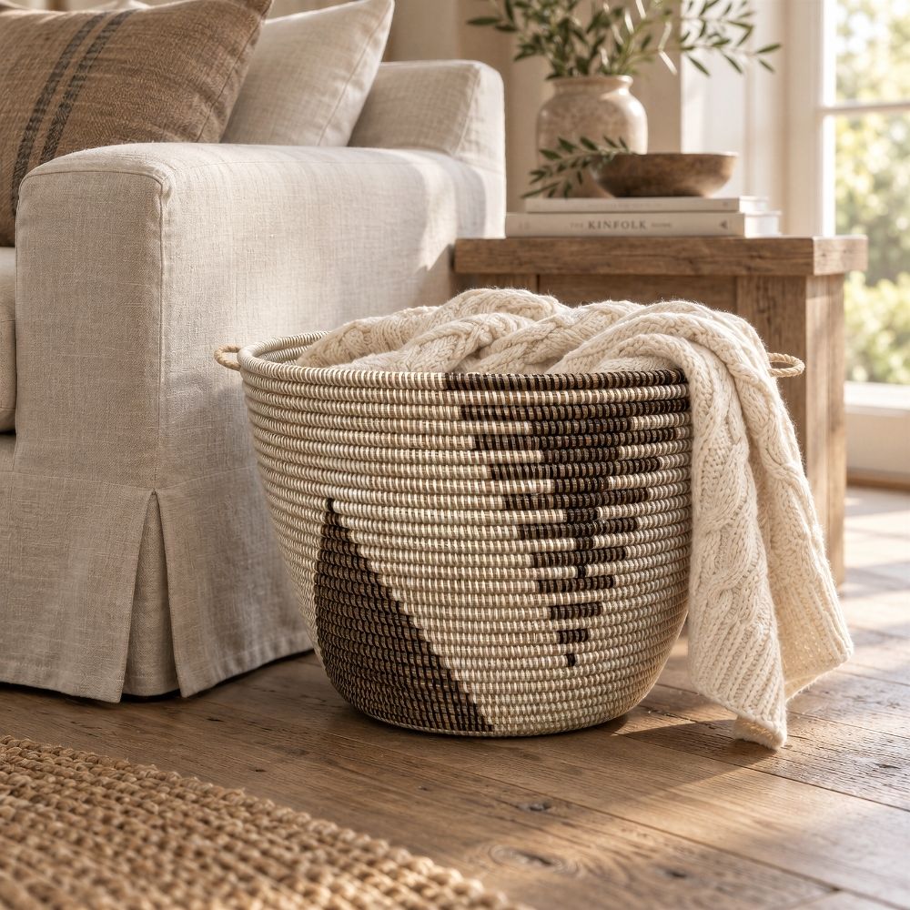 Large Wicker Storage Basket with Handles, Black & White, 20" Wide, 14" Tall