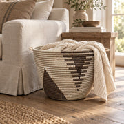 Large Wicker Storage Basket with Handles, Black & White, 20" Wide, 14" Tall