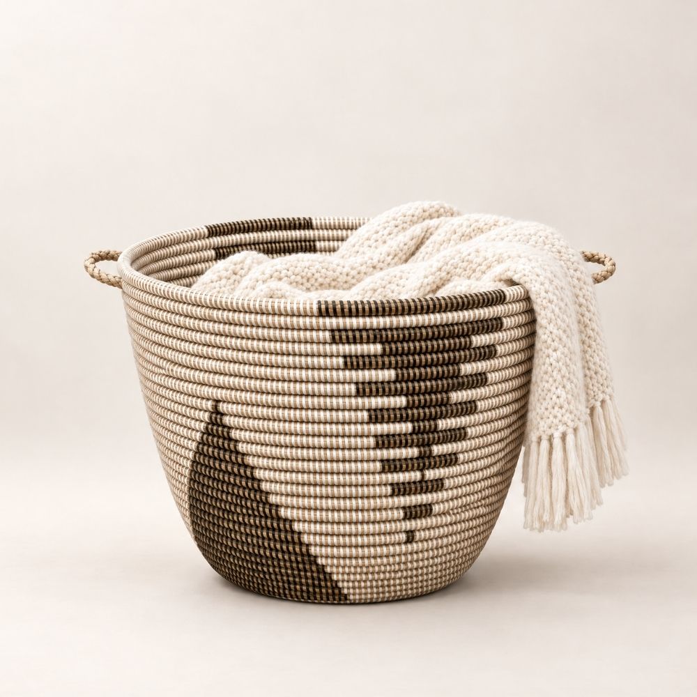 Large Wicker Storage Basket with Handles, Black & White, 20" Wide, 14" Tall